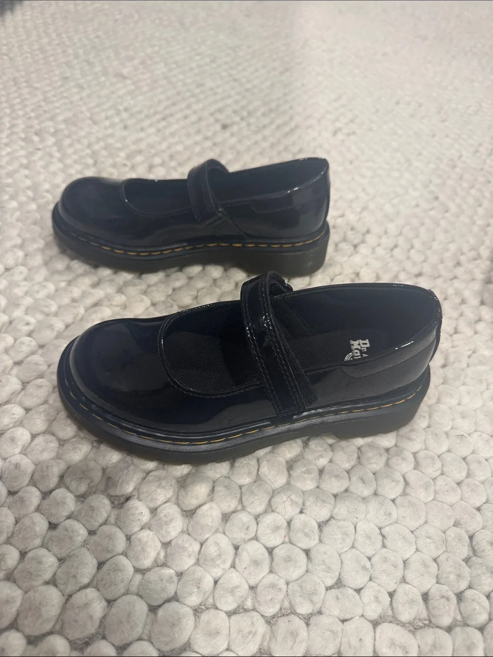 Dr. Martens Black Patent Mary Jane Kids Shoes with Yellow Stitching